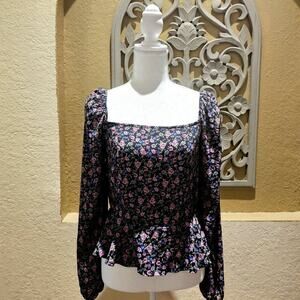 Trixxi M Puff-Sleeve Peplum Square Neck Garden Tiered Frenchy Ditsy Euro Whimsy